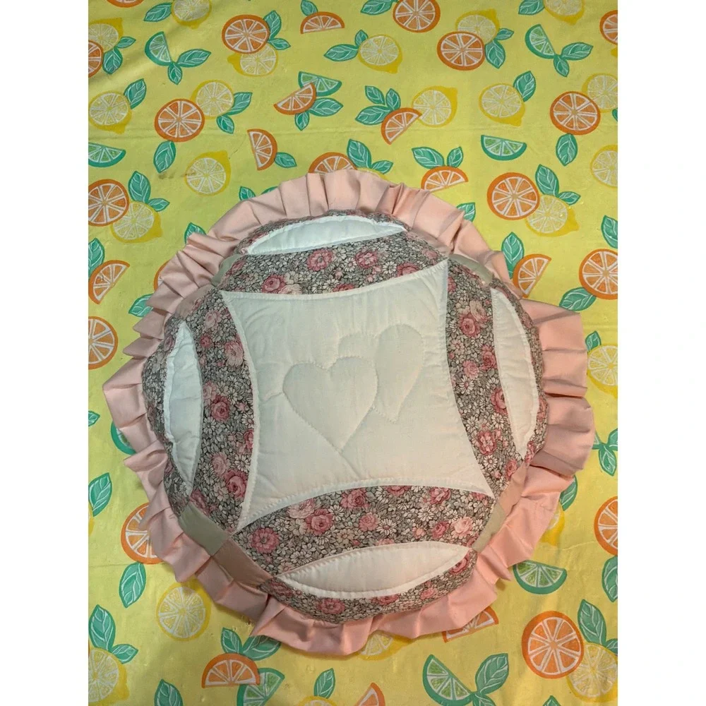 Cottagecore Unisex Vintage Quilted Patchwork Heart Ruffle Pillow 16in Pink Cream